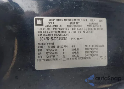 2007 Chevrolet Suburban 1500 Lt from USA, damaged, VIN 3GNFK16397G318059